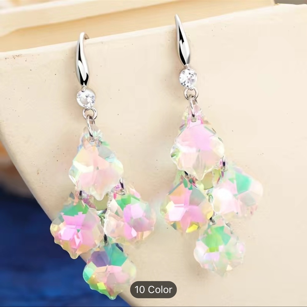 Iridescent pink and clear layered chandelier style 925 sterling silver earrings